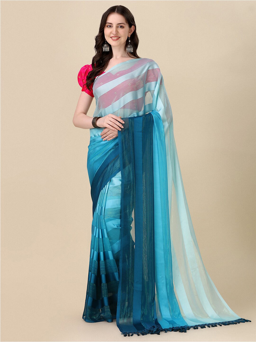 

KALINI Striped Silk Blend Saree, Blue