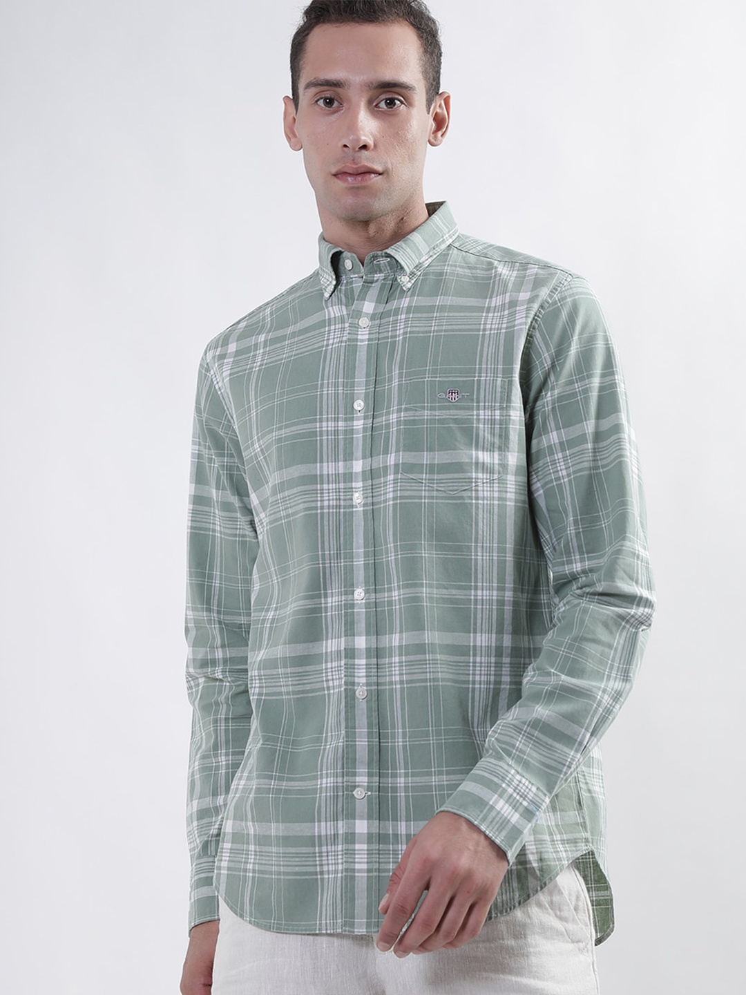 

GANT Tartan Checked Button-Down Collar Cotton Linen Casual Shirt, Sea green