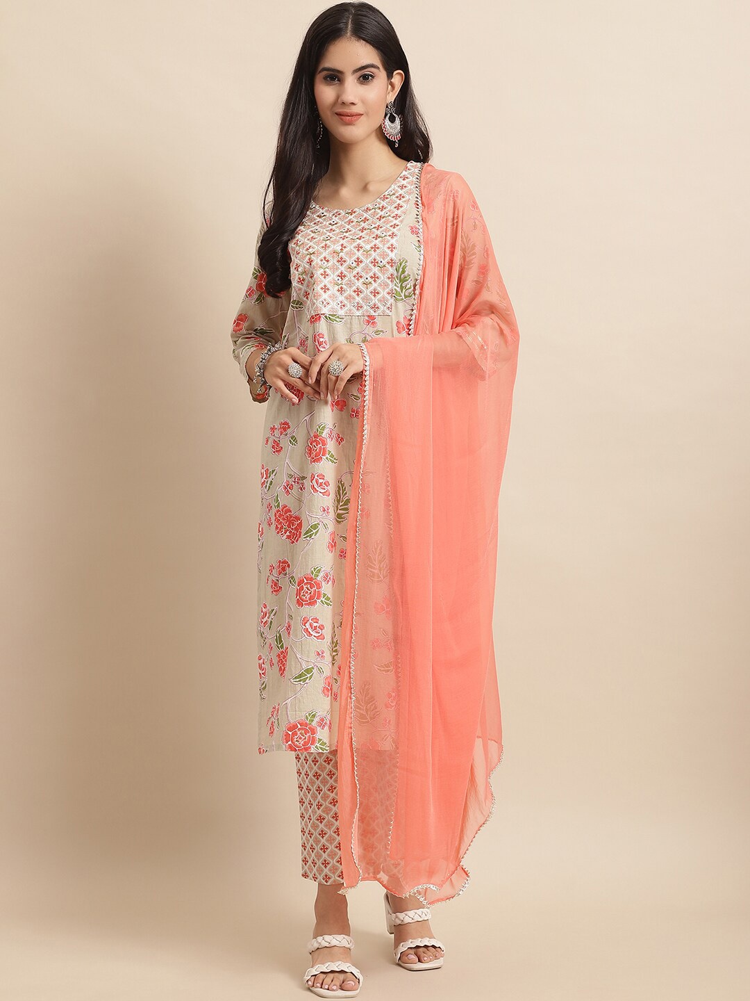 

KALINI Floral Printed Thread Work Pure Cotton Kurta With Trousers & Dupatta, Beige