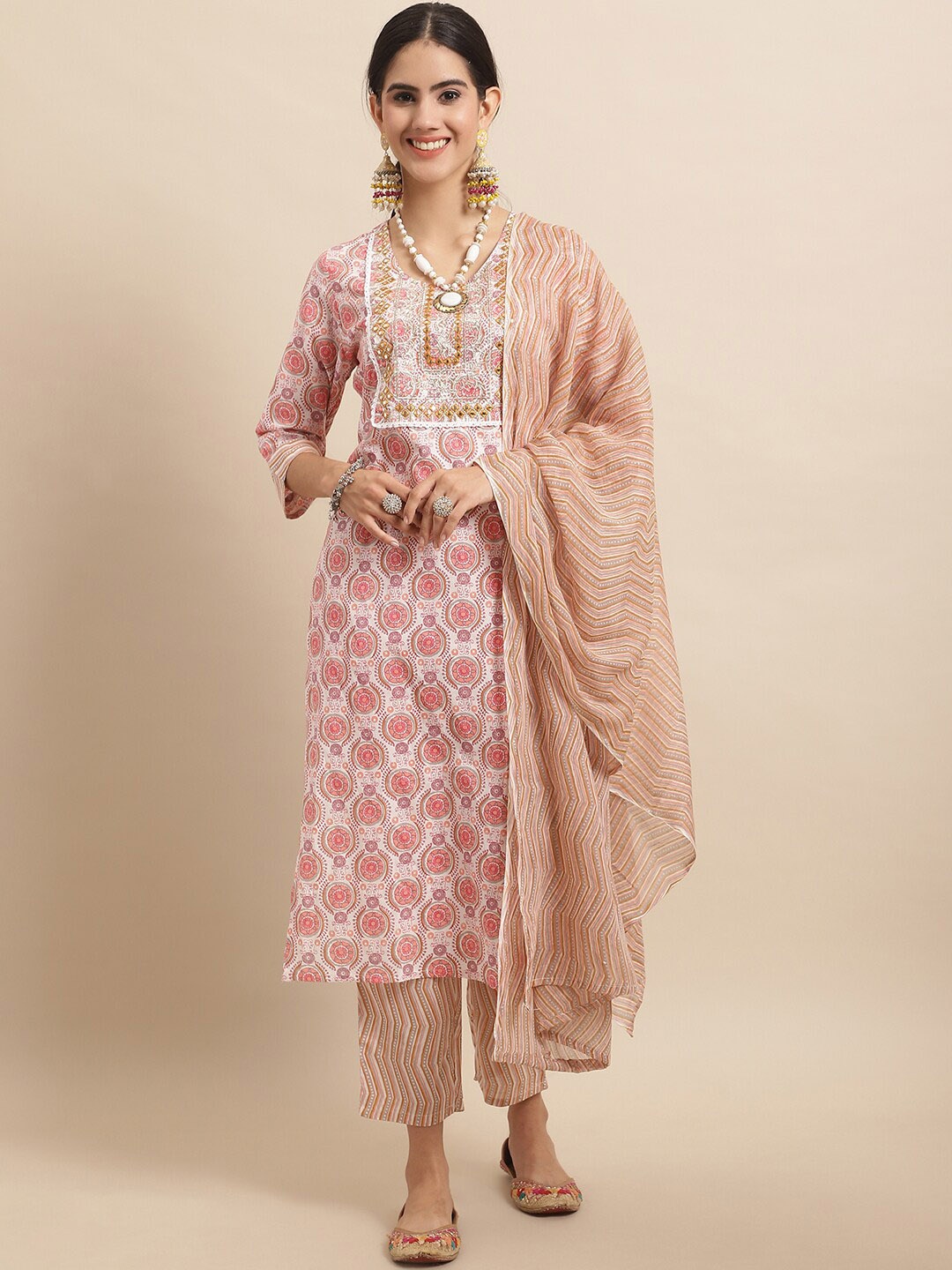 

KALINI Ethnic Motifs Printed Mirror Work Pure Cotton Kurta With Trousers & Dupatta, Pink