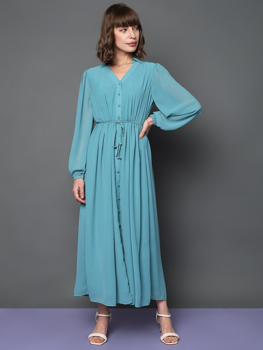 

Vero Moda Shirt Collar Puff Sleeve A-Line Maxi Dress, Blue
