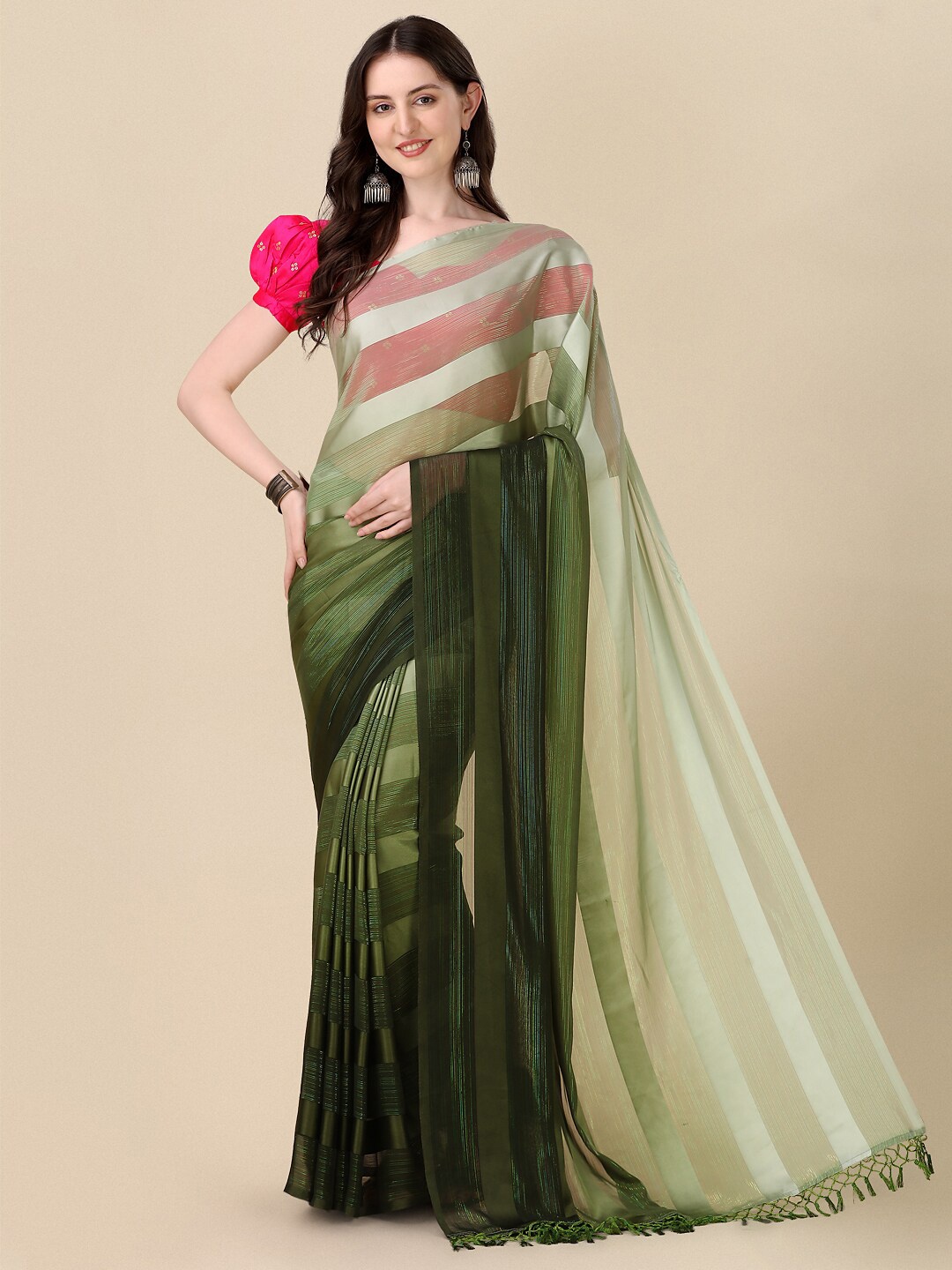 

KALINI Striped Silk Blend Saree, Olive