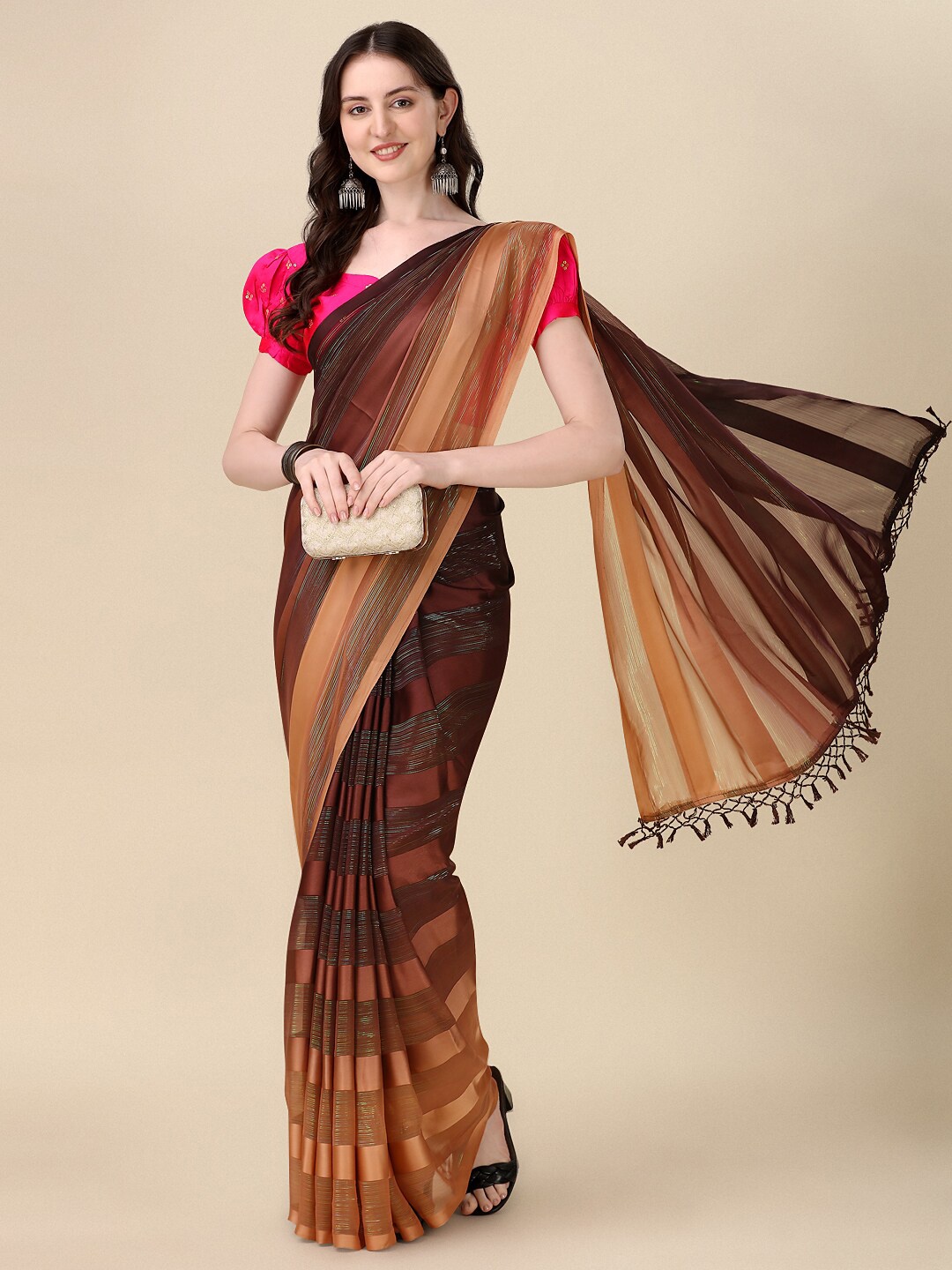 

KALINI Striped Zari Silk Blend Saree, Orange