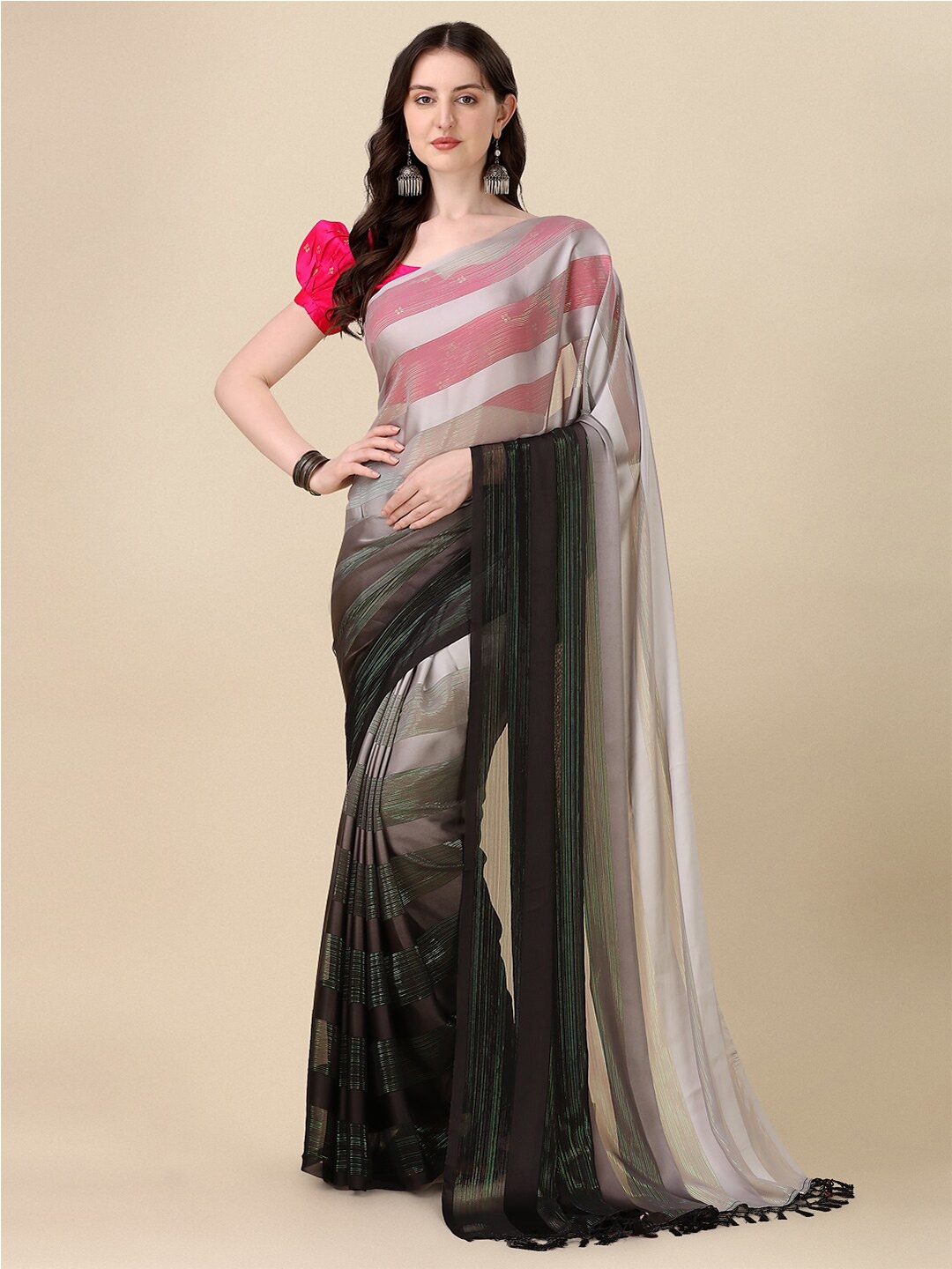 

KALINI Striped Silk Blend Saree, Grey
