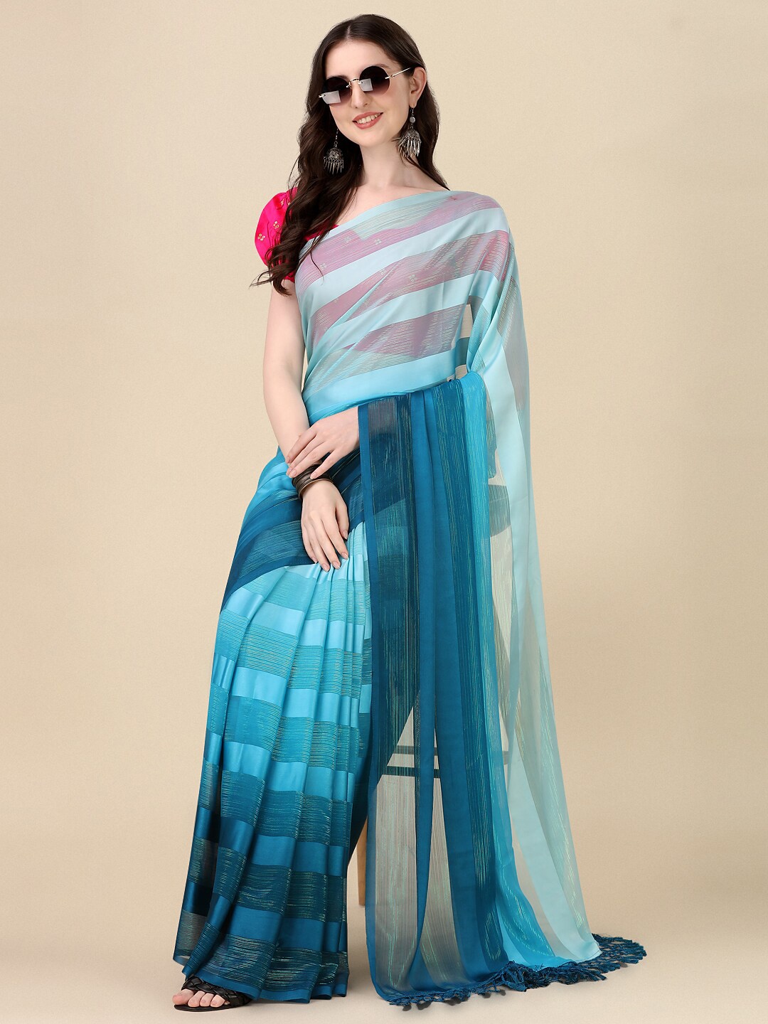 

KALINI Striped Silk Blend Saree, Teal