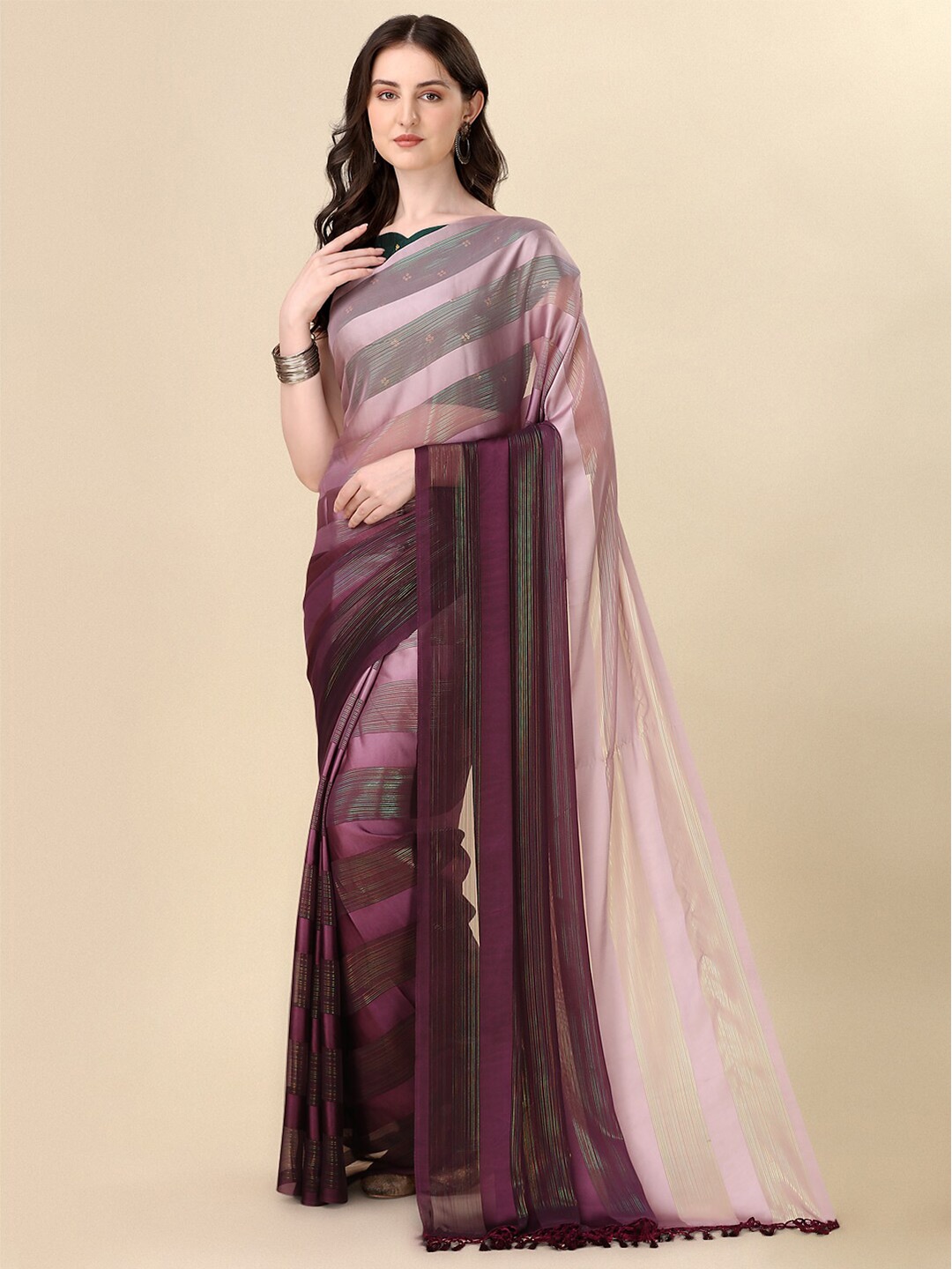 

KALINI Striped Silk Blend Saree, Purple