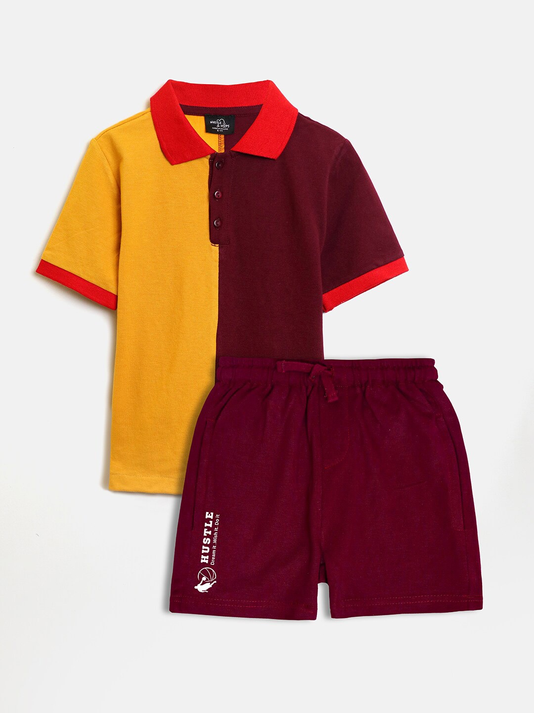 

Whistle & Hops Boys Colourblocked Pure Cotton T-shirt with Shorts, Mustard