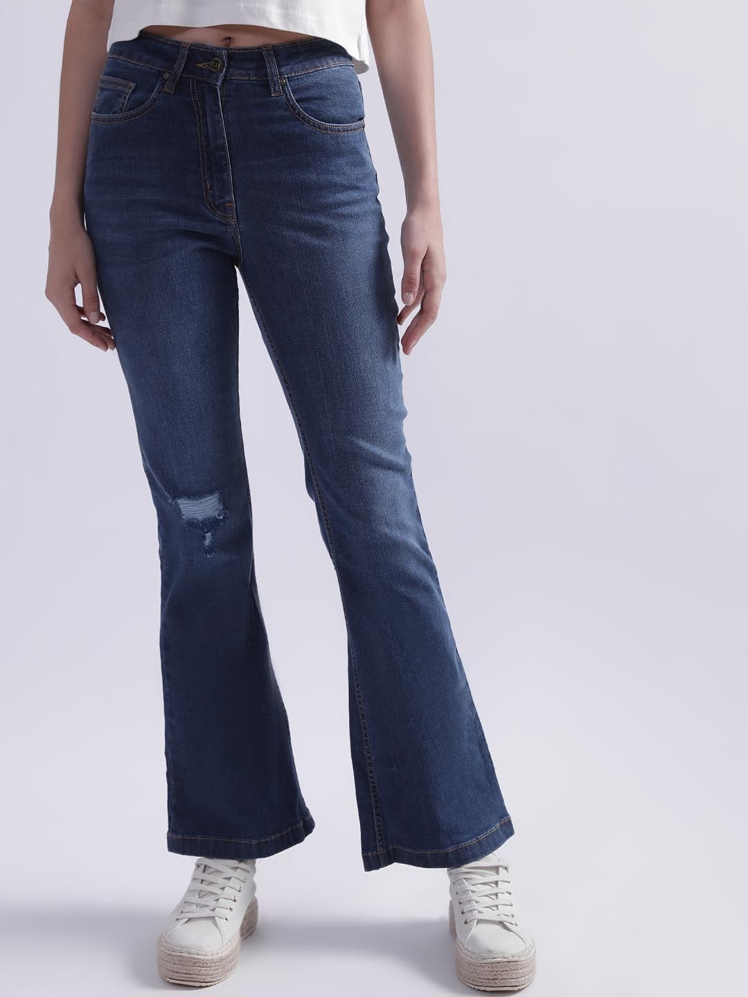 

ELLE Women Bootcut Low Distress Light Fade Clean Look Jeans, Blue