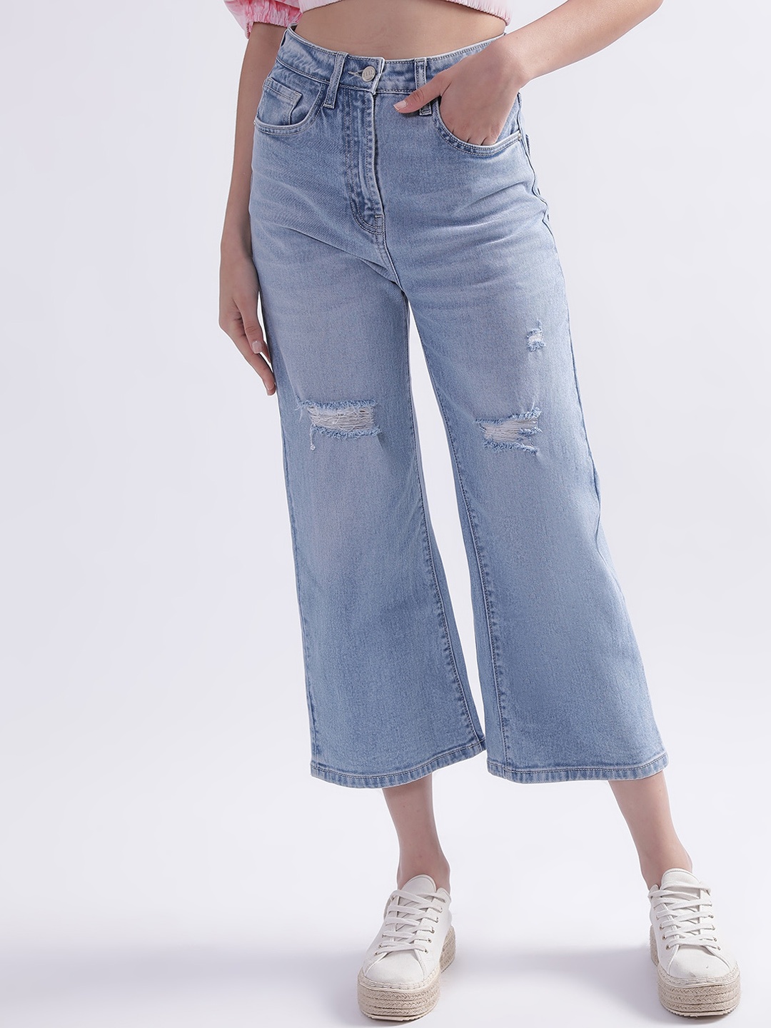 

ELLE Women Low Distress Wide Leg Jeans, Blue