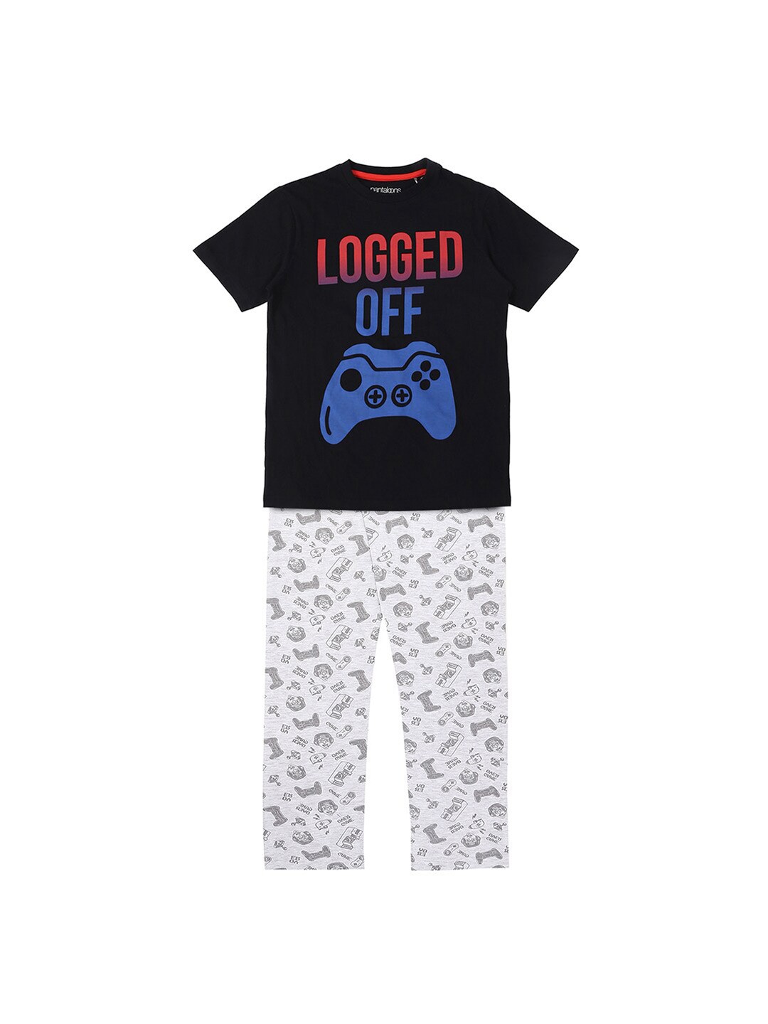 

Pantaloons Junior Boys Typography Printed T-shirt With Trousers, Navy blue
