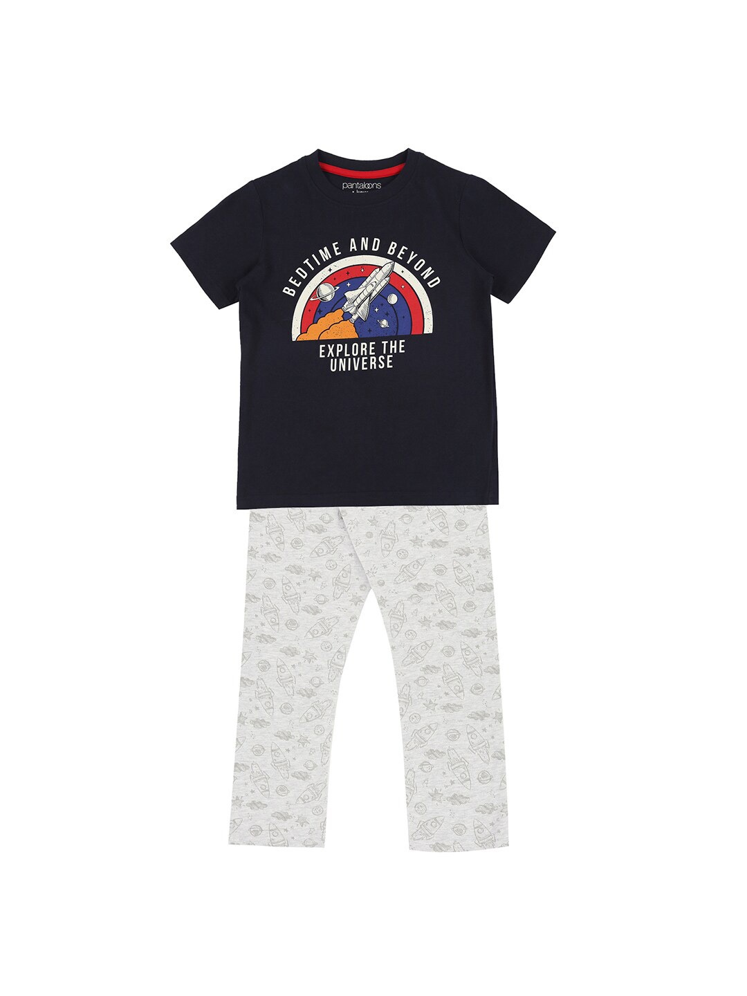

Pantaloons Junior Boys Typography Printed T-shirt With Pyjamas, Navy blue