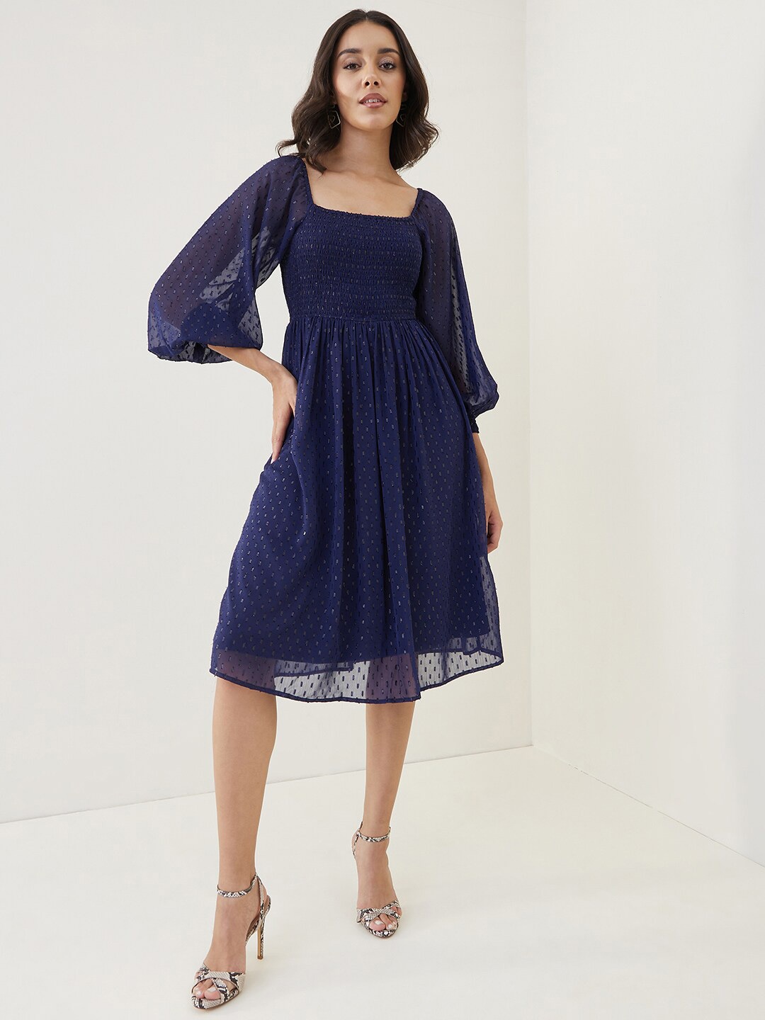 

Femella Square Neck Fit & Flare Midi Dress, Navy blue