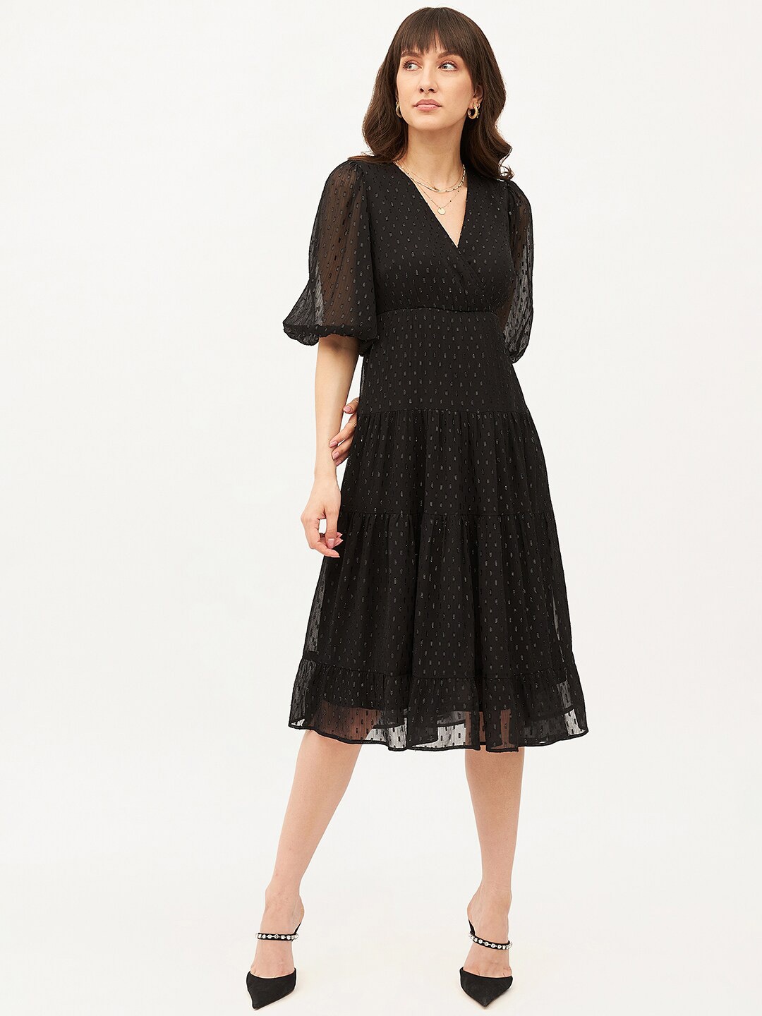 

Femella Puff Sleeve Fit & Flare Midi Dress, Black