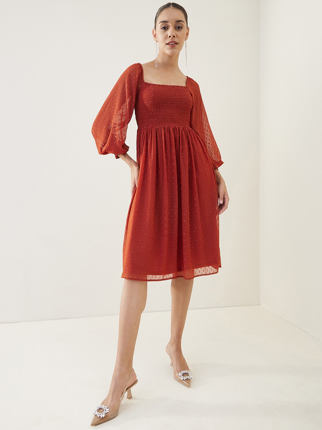 

Femella Square Neck Self Design Fit and Flare Dress, Rust