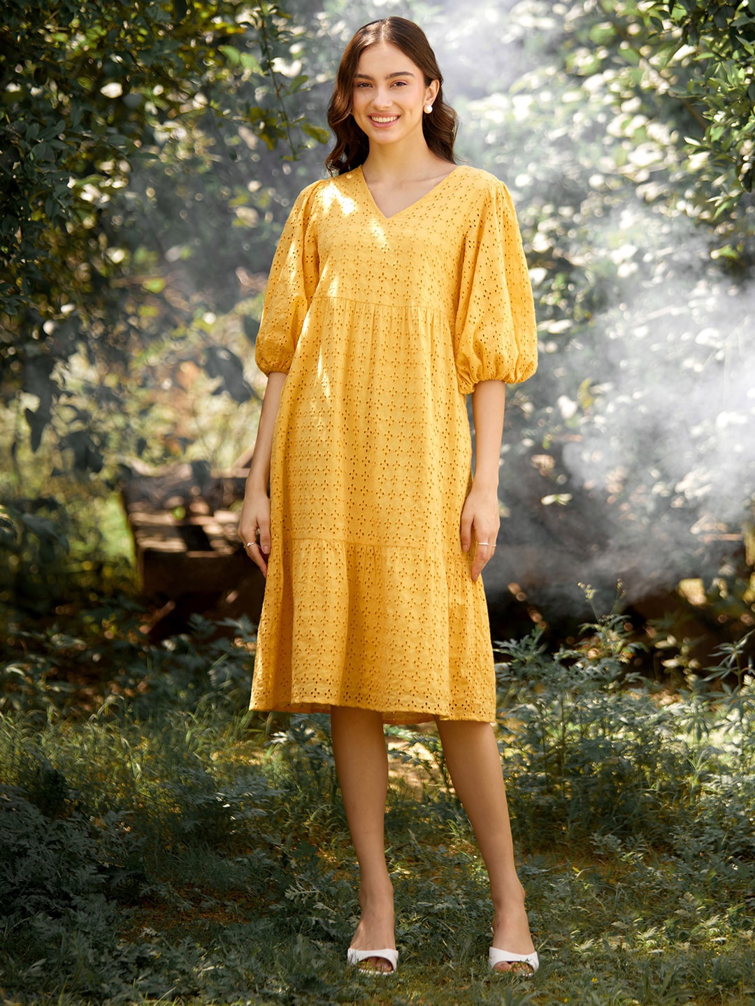 

Femella V-Neck Puff Sleeve A-Line Dress, Yellow