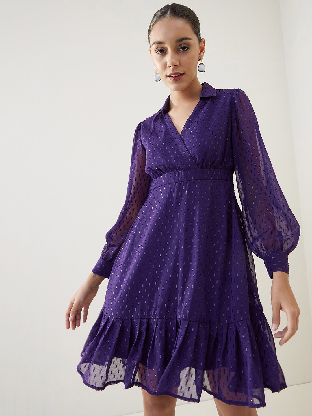 

Femella Textured Shirt Collar Dobby Wrap Dress, Purple