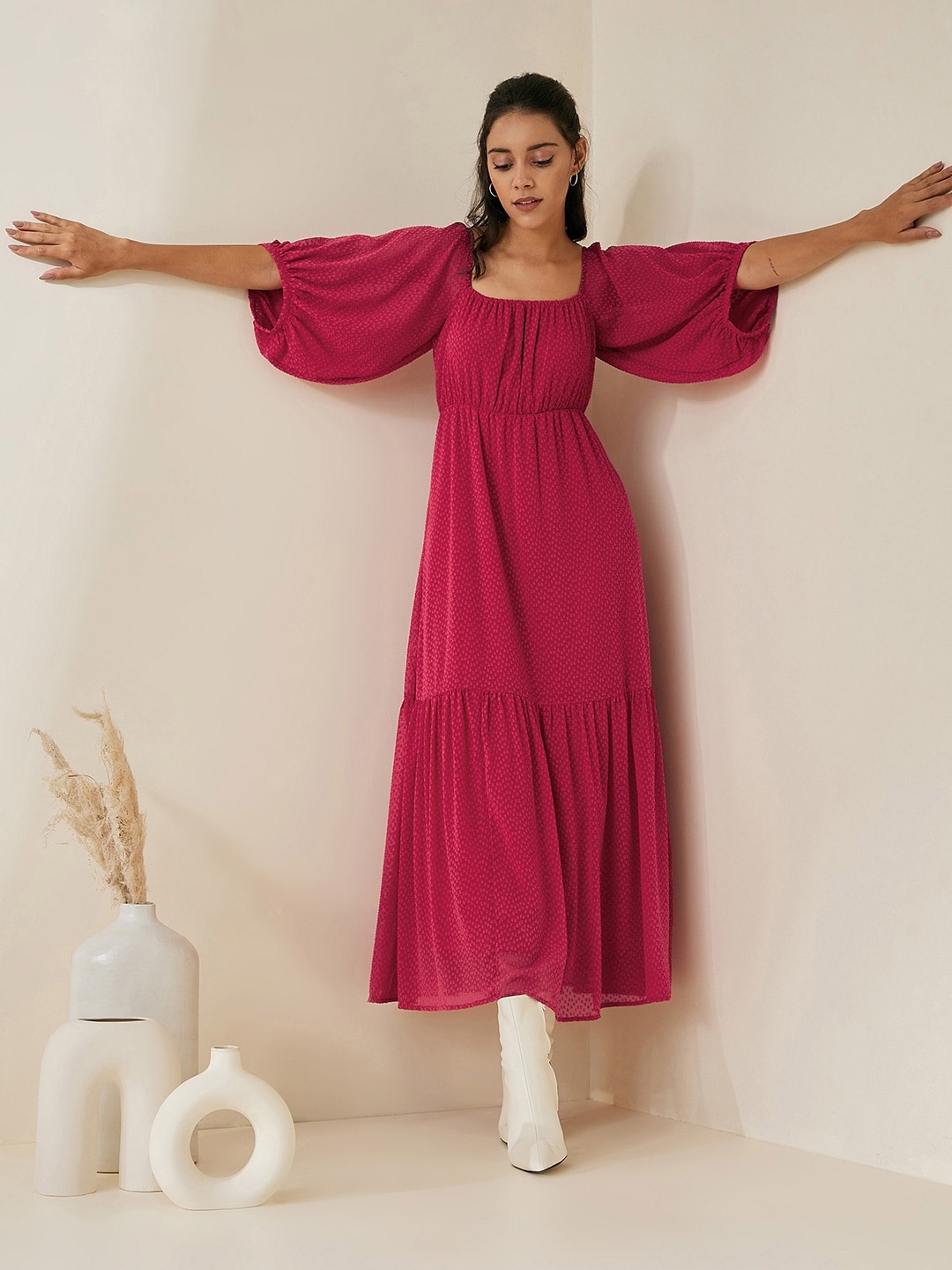 

Femella Red Self Design Puff Sleeve Tiered A-Line Maxi Dress, Pink