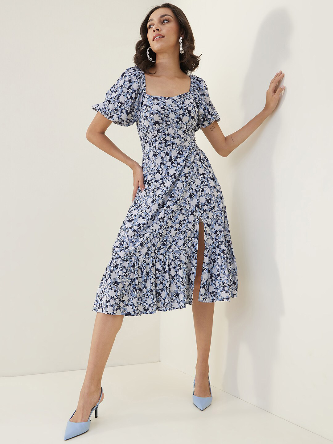 

Femella Floral Printed Square Neck A-Line Dress, Blue
