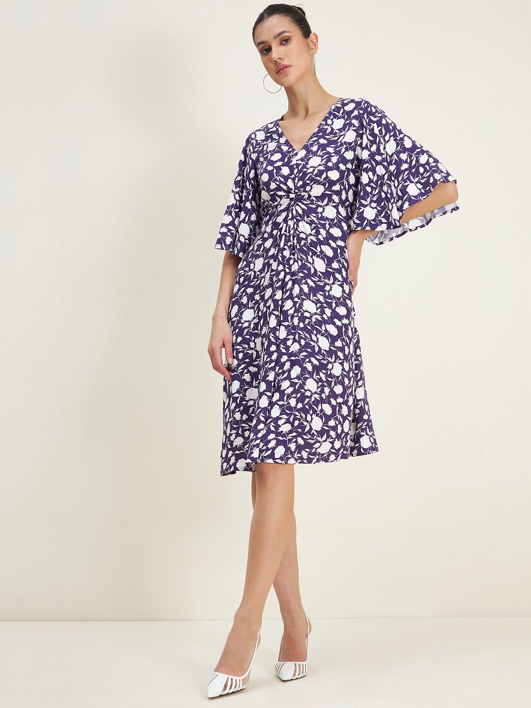 

Femella Floral Printed Flared Sleeve A-Line Dress, Purple