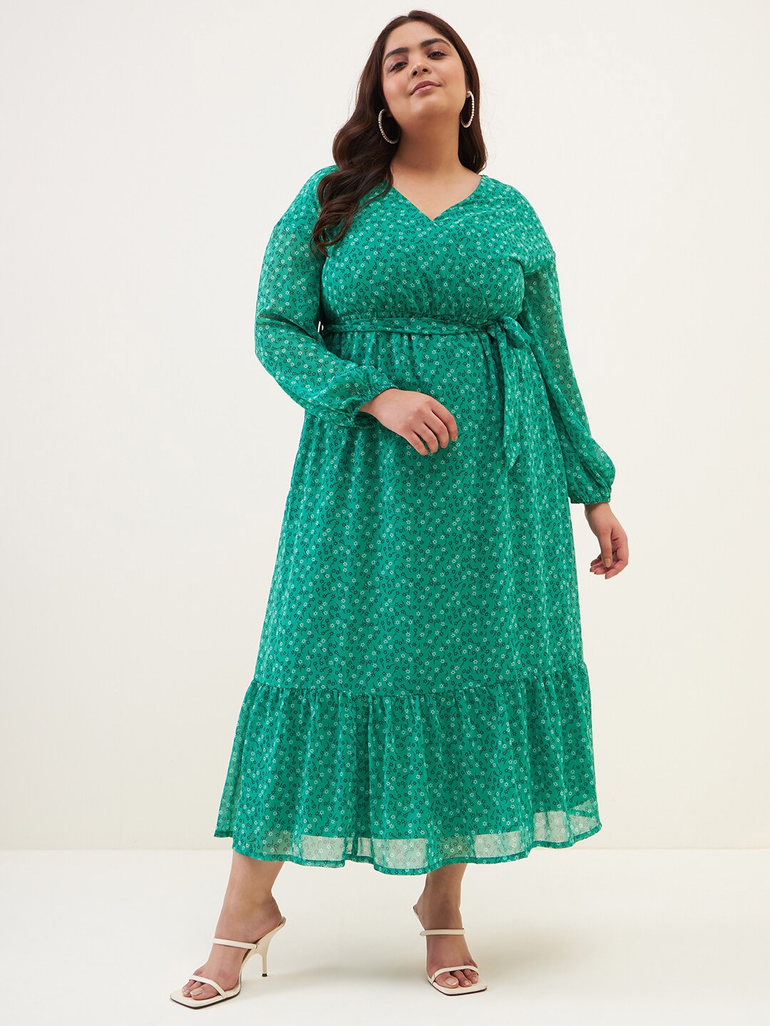 

Femella Floral Printed Puff Sleeve Maxi Wrap Dress With Belt, Green