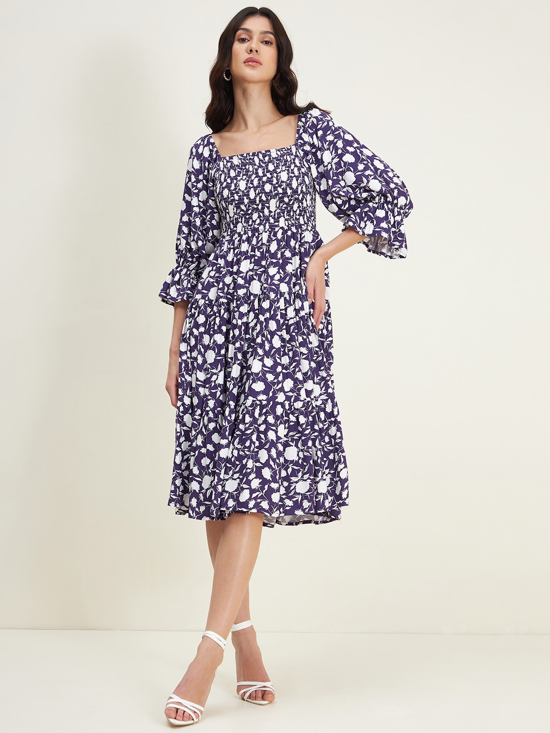 

Femella Floral Printed Smocked A-Line Midi Dress, Purple