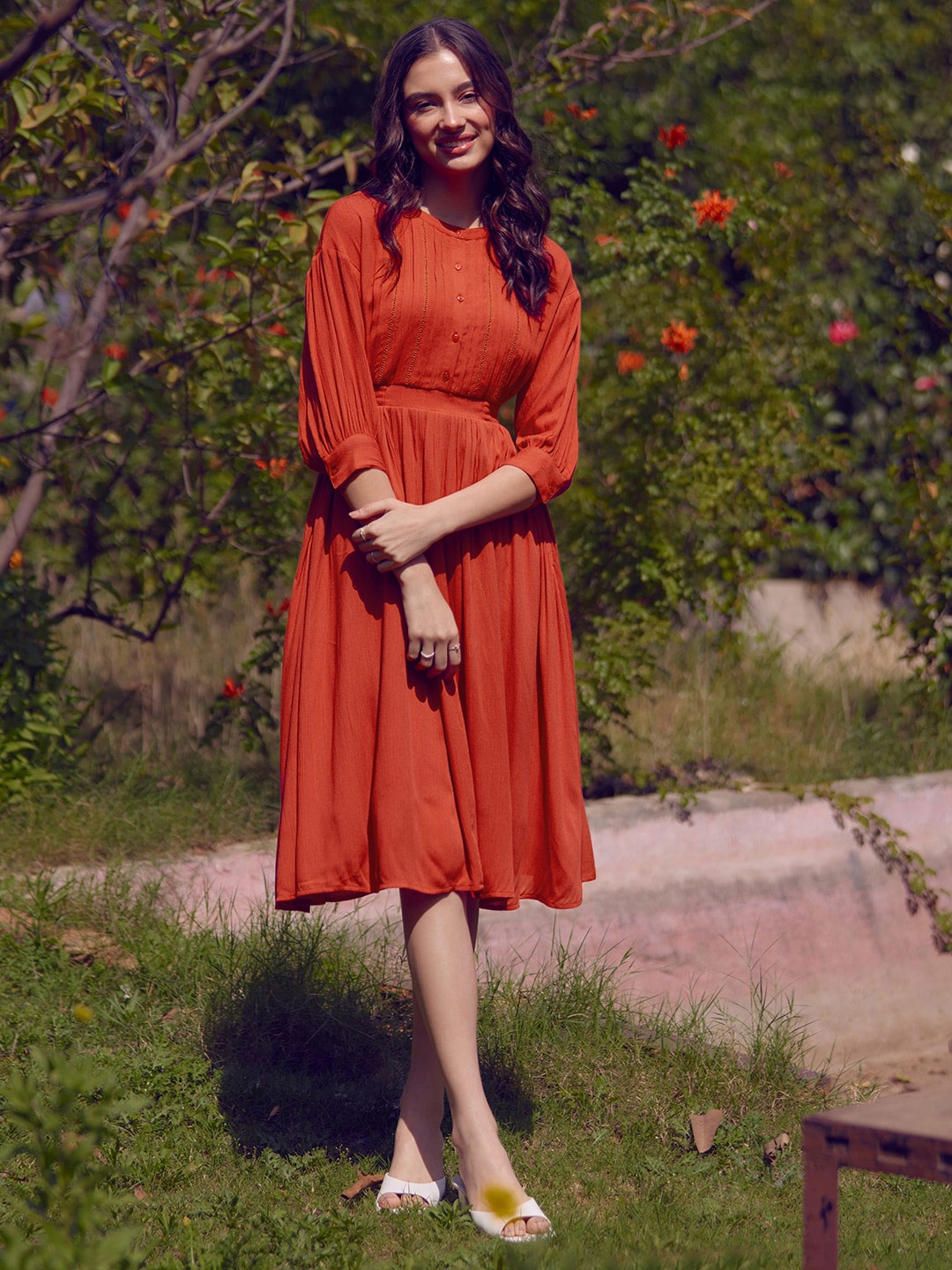 

Femella Mandarin Collar Fit & Flare Dress, Rust