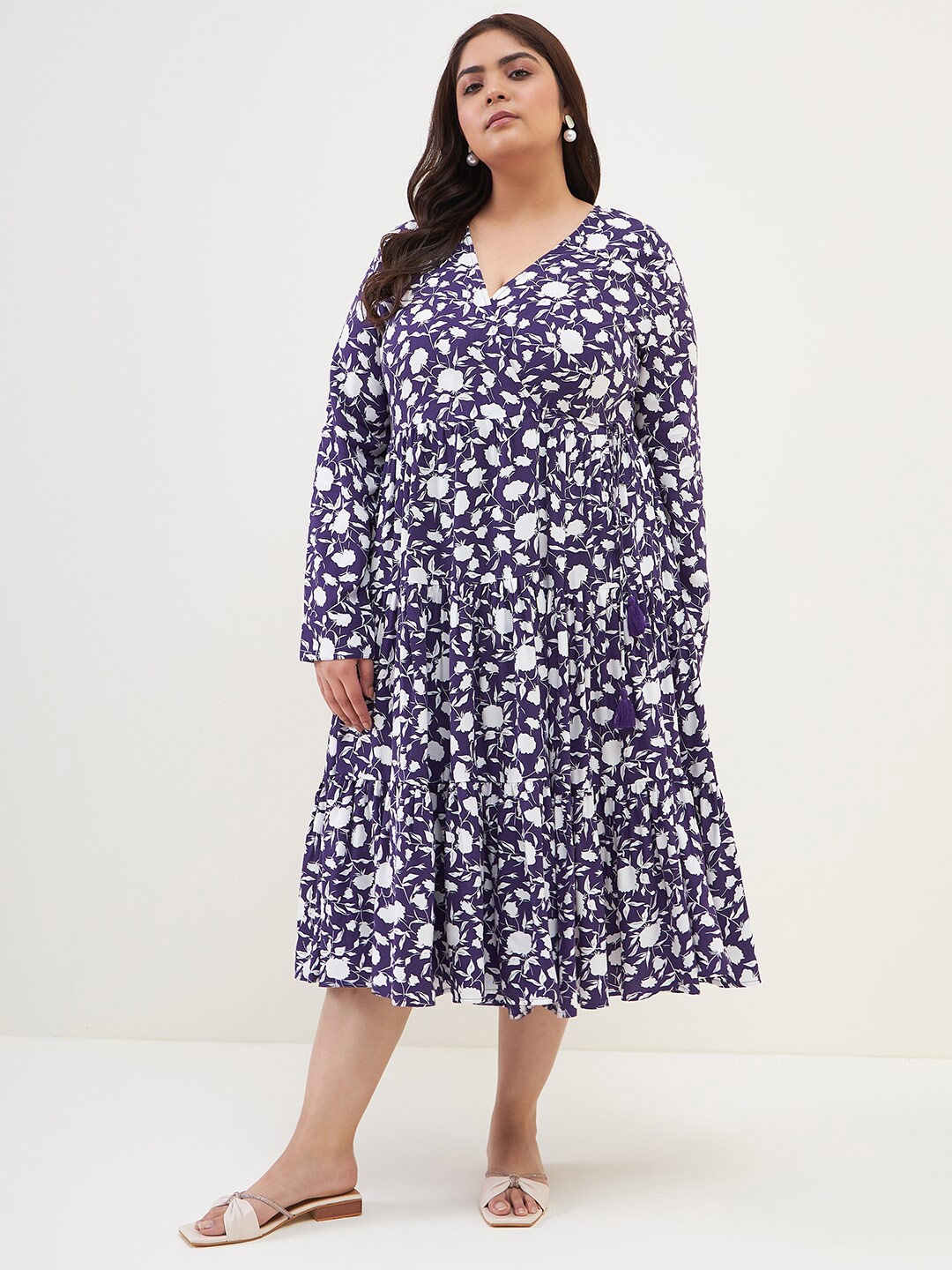 

Femella Floral Printed Tiered A-Line Midi Dress With Belt, Purple