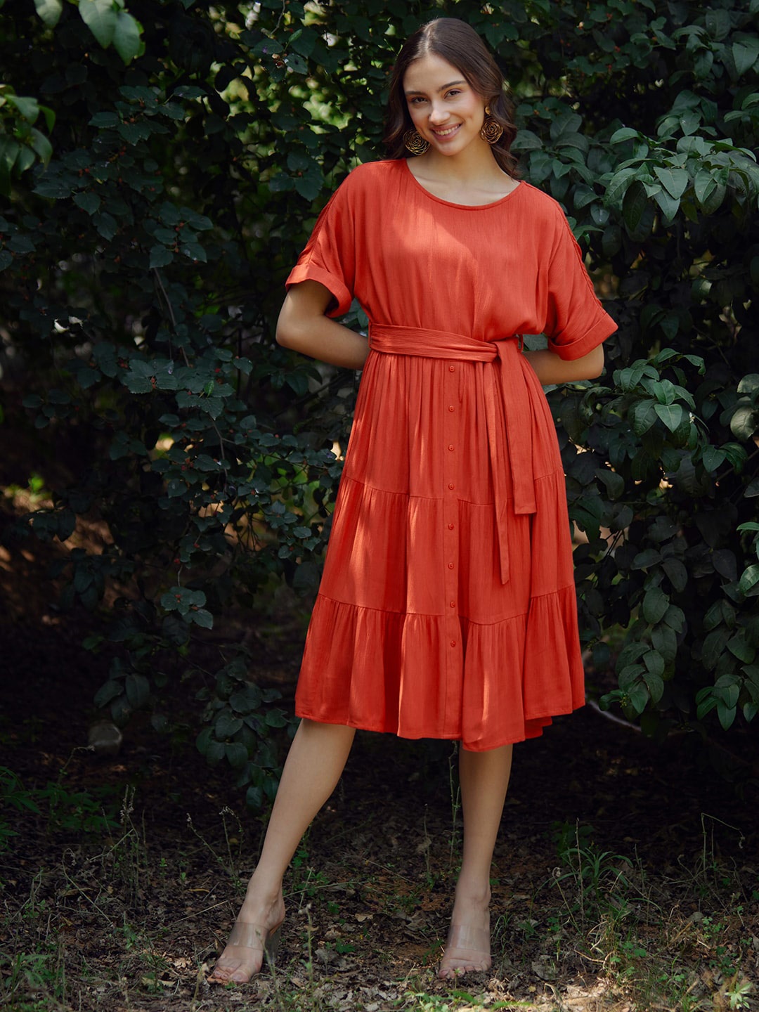 

Femella Tiered Fit & Flare Dress With Belt, Rust