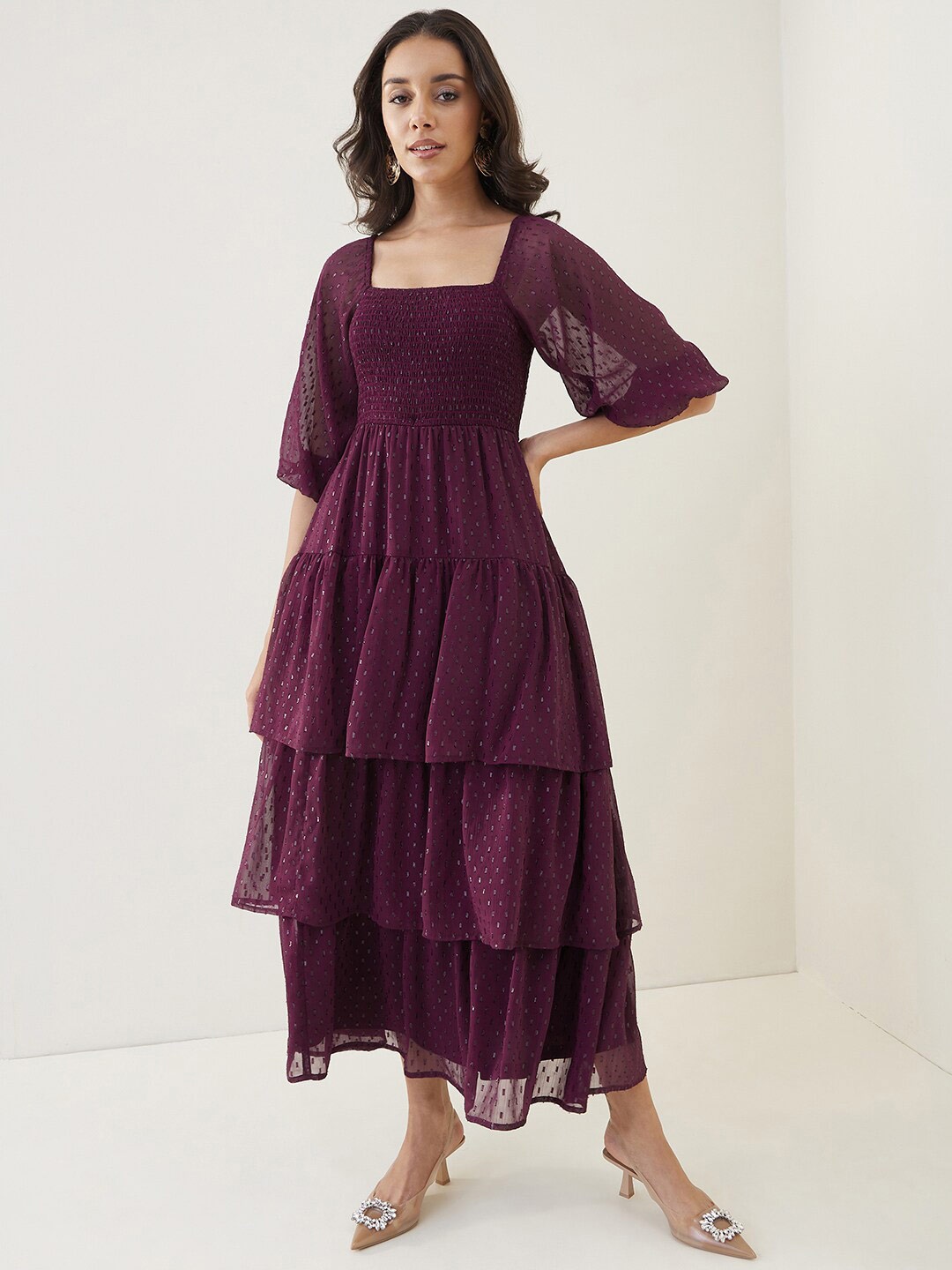 

Femella Square Neck Smocked Layered Maxi Dress, Maroon