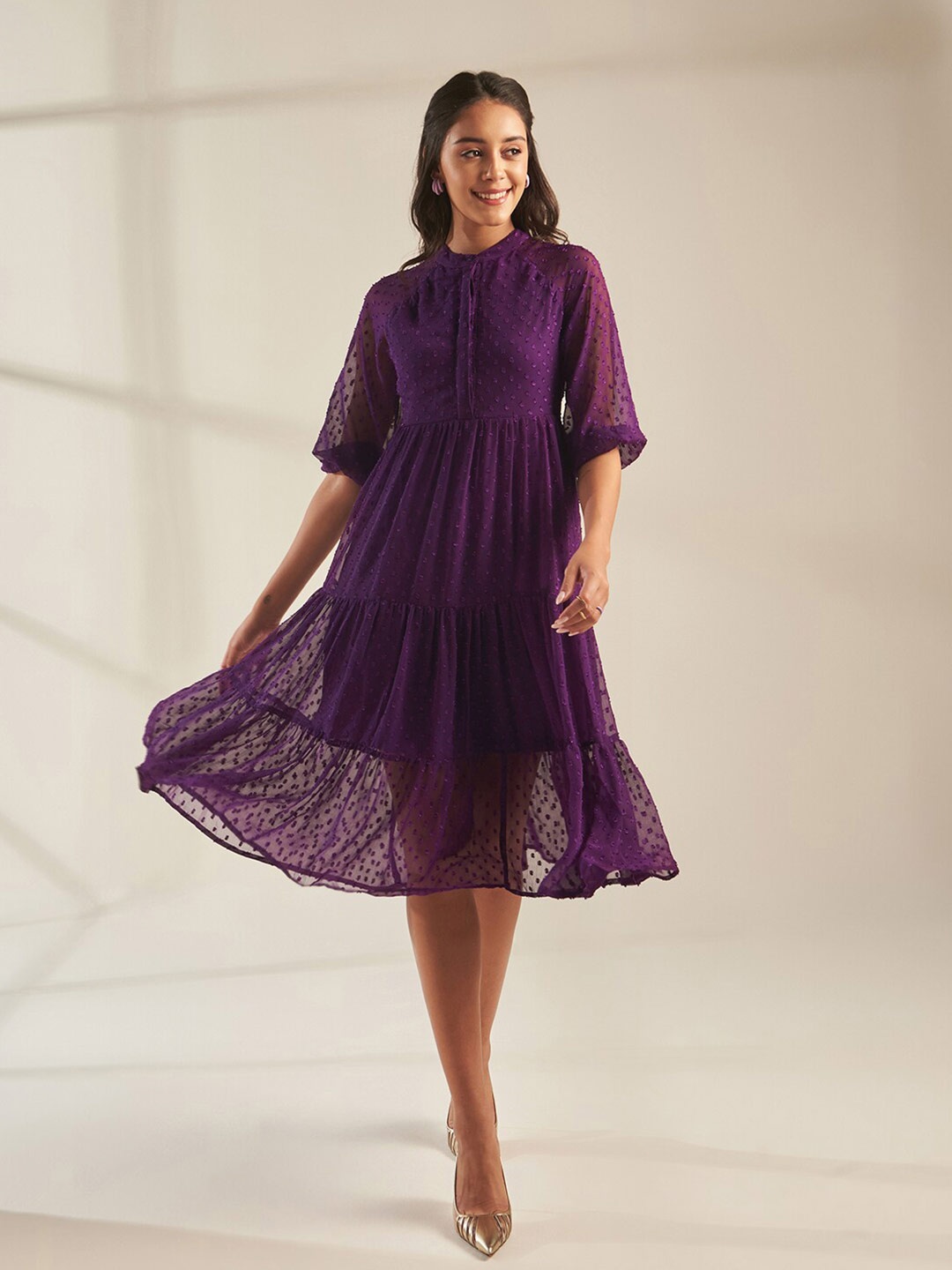 

FEMMELLA Band Collar Tiered A-Line Dress, Purple