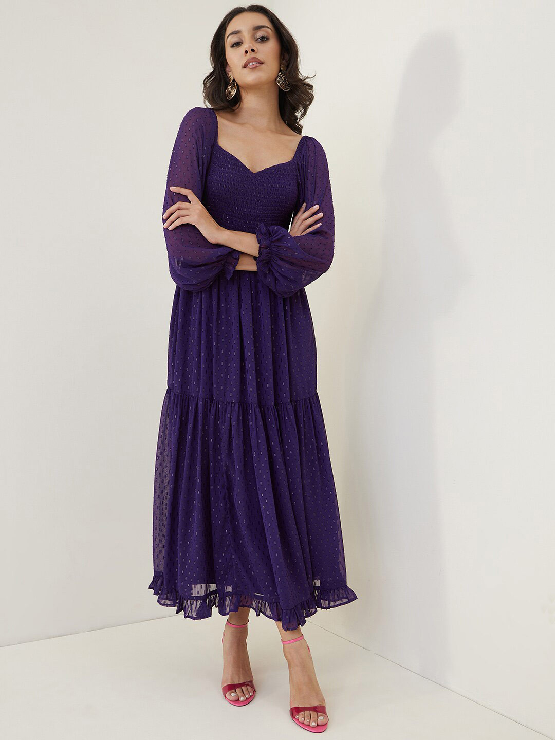 

Femella Square Neck Smocked Tiered A-Line Dress, Purple