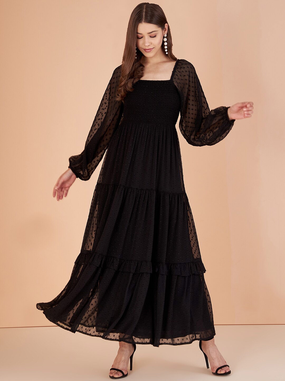 

Femella Square Neck Smocked Maxi Dress, Black
