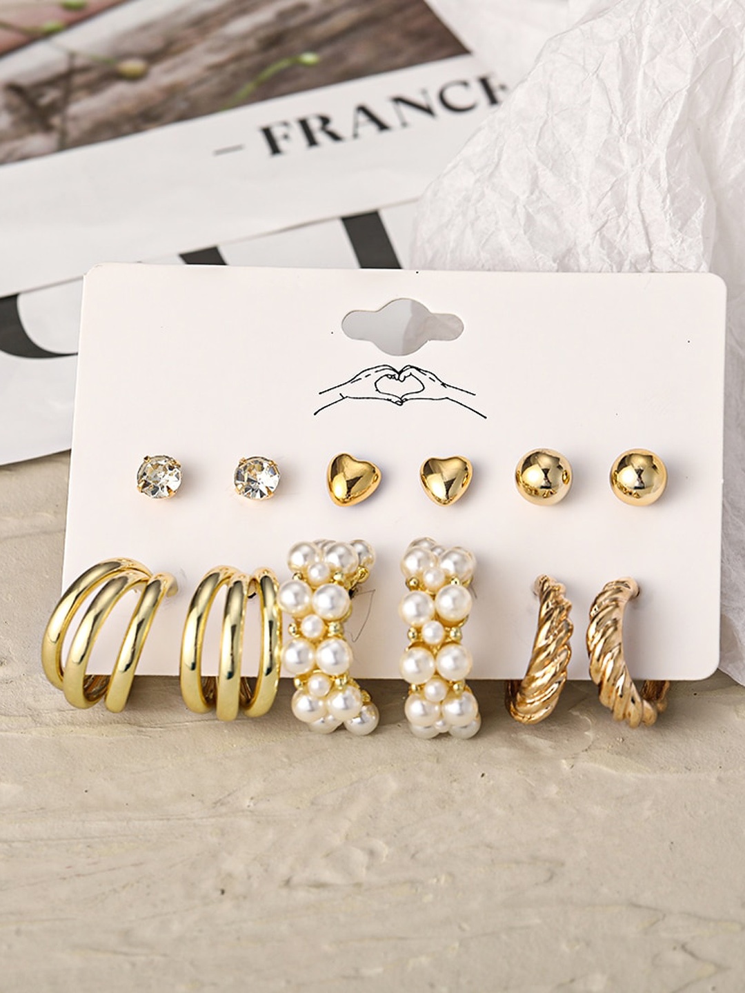 

Shining Diva Fashion Set Of 6 Gold-Toned Pearls Contemporary Studs Earrings