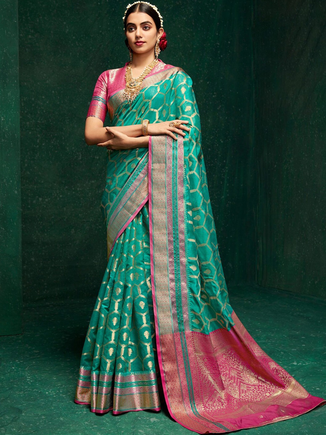 

all about you Blue & Pink Ethnic Woven Design Zari Saree