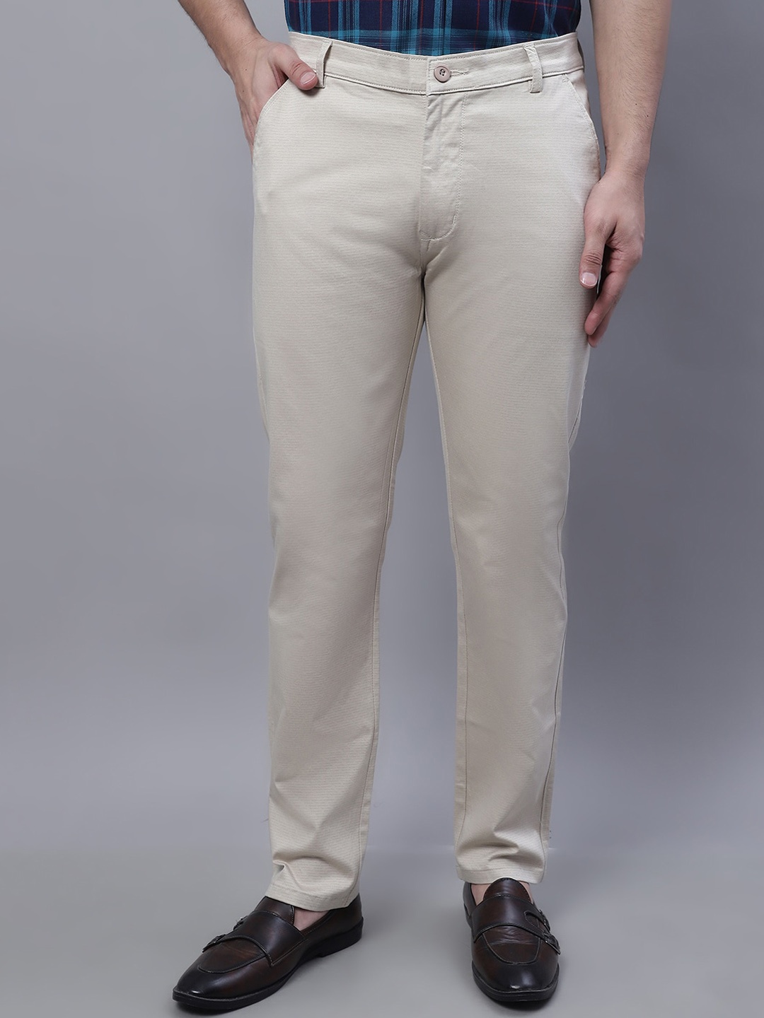 

Rodamo Men Textured Self Design Slim Fit Cotton Trousers, Beige