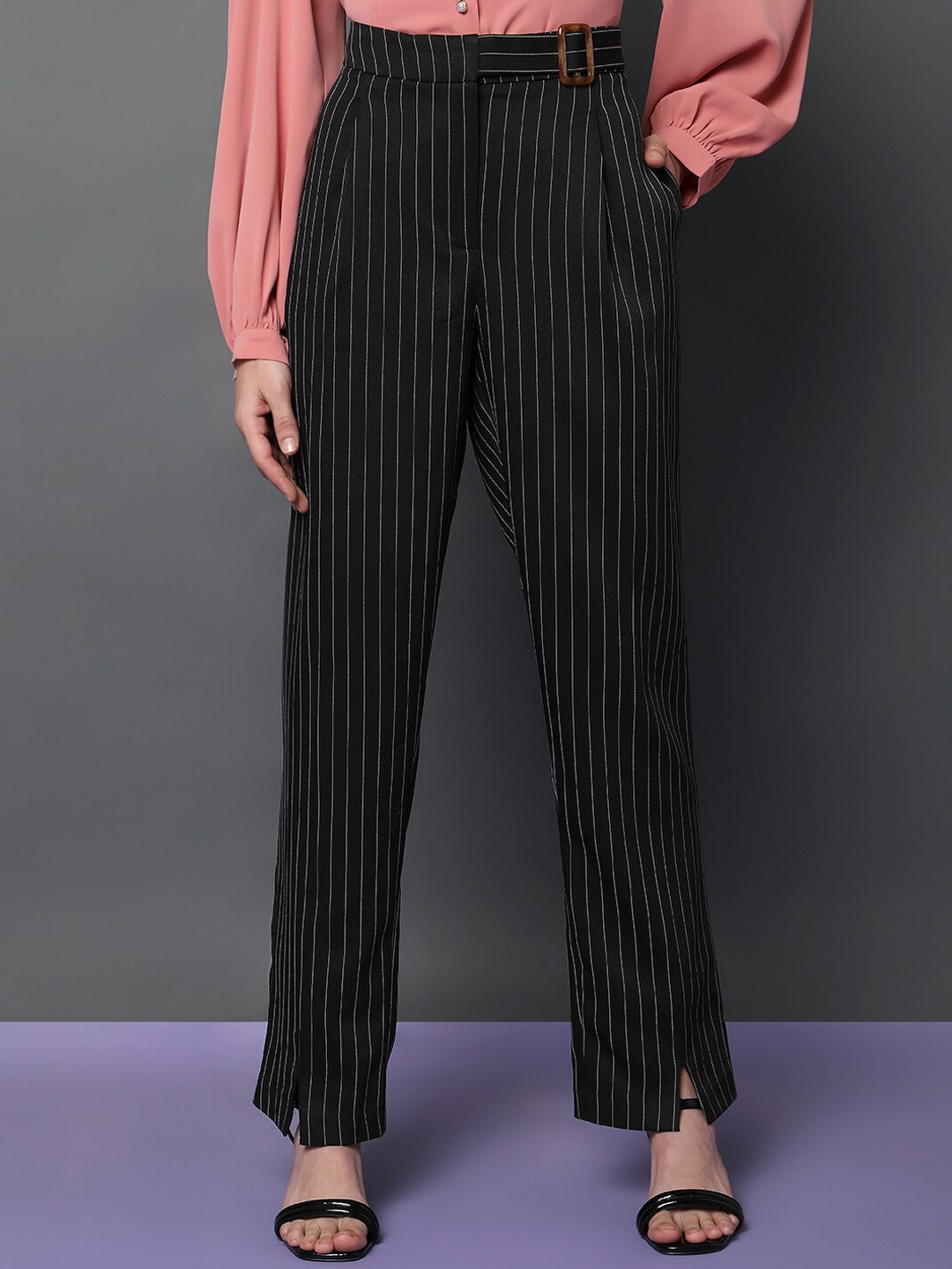 

Vero Moda Women Striped Straight Fit High-Rise Trousers, Black