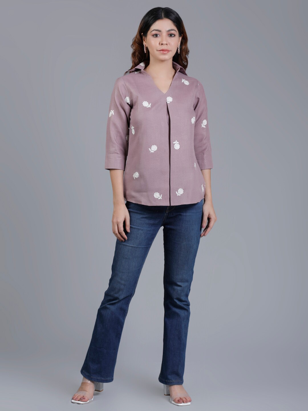 

V TRADITION Floral Printed V-Neck Cotton Top, Mauve