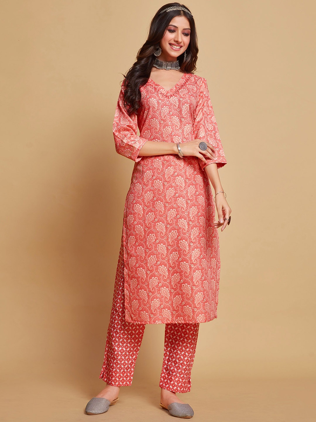 

Sangria Red Paisley Printed Straight Linen Kurta With Trouser, Peach