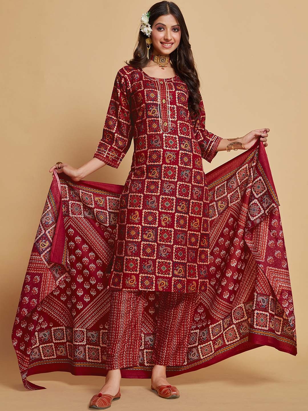 

Sangria Geometric-Printed Linen A-Line Kurta With Trouser & Dupatta, Maroon