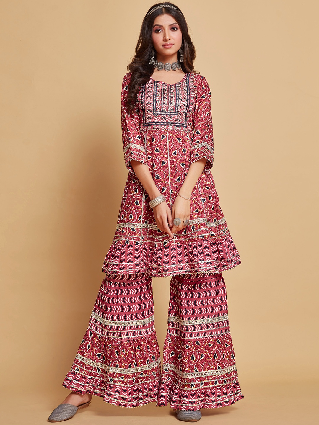 

Sangria Embroidered A-Line Kurta With Sharara, Peach