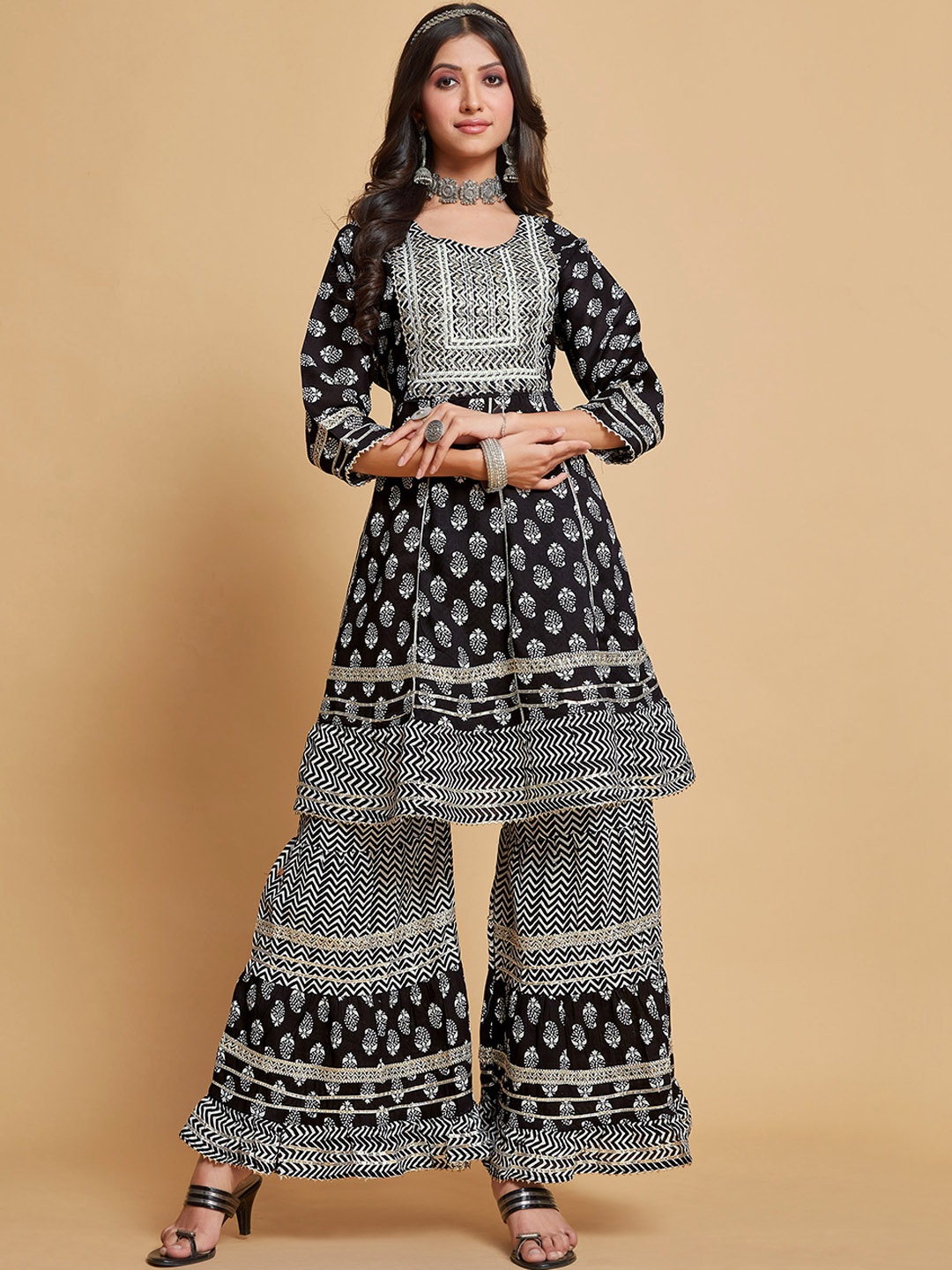 

Sangria Embroidered A-Line Kurta With Sharara, Black