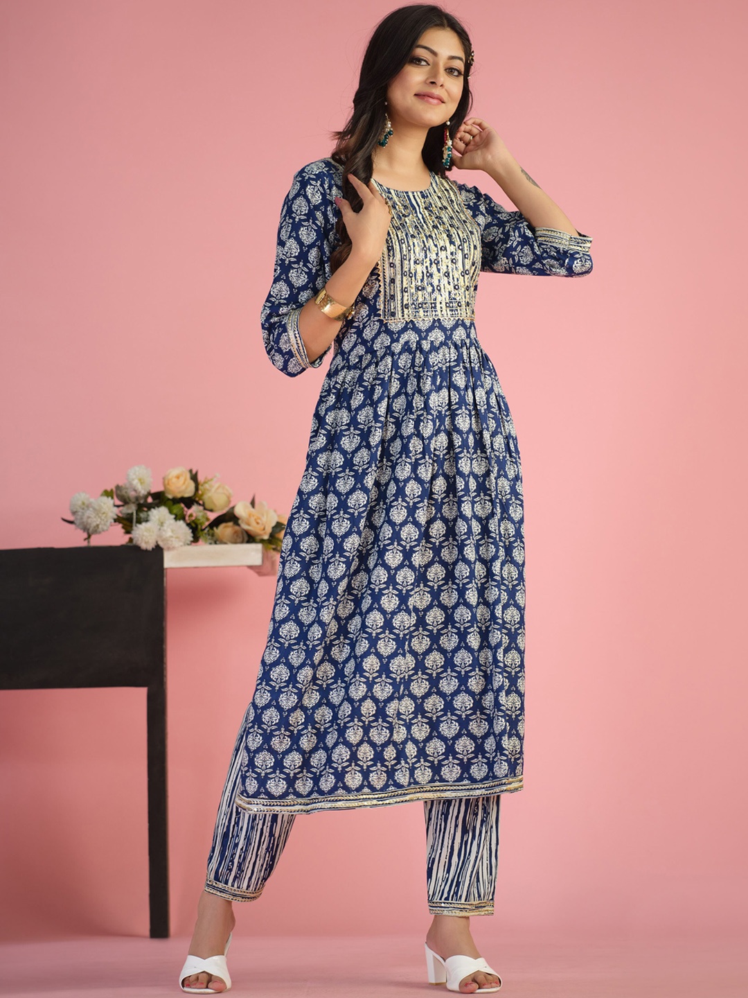 

Sangria Ethnic Motif-Printed A-Line Kurta With Trouser, Navy blue