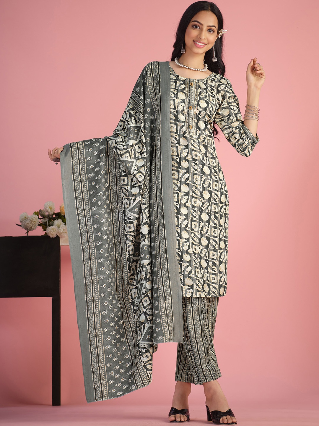 

Sangria Grey & White Printed Linen Straight Kurta With Trouser & Dupatta
