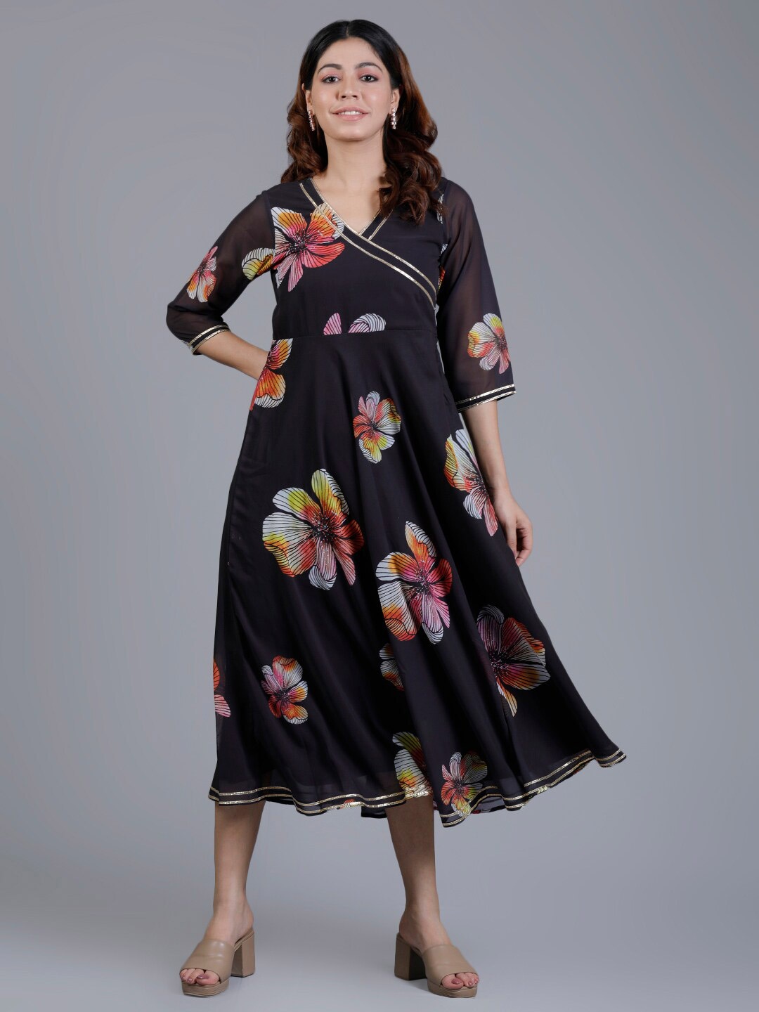 

V TRADITION Floral Print Georgette Empire Midi Dress, Black