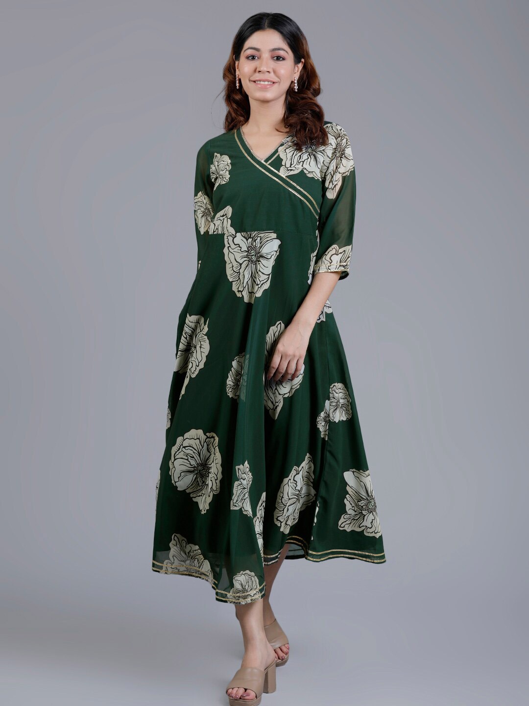 

V TRADITION Floral Printed V-Neck Fit & Flare Midi Dress, Green