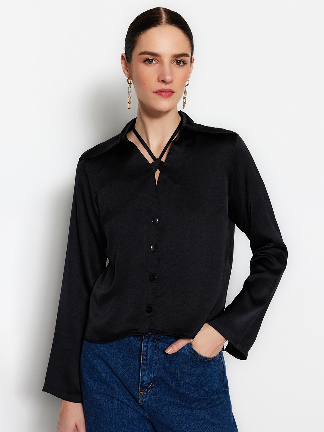 

Trendyol Shirt Collar Tie Ups Detail Shirt Style Top, Black