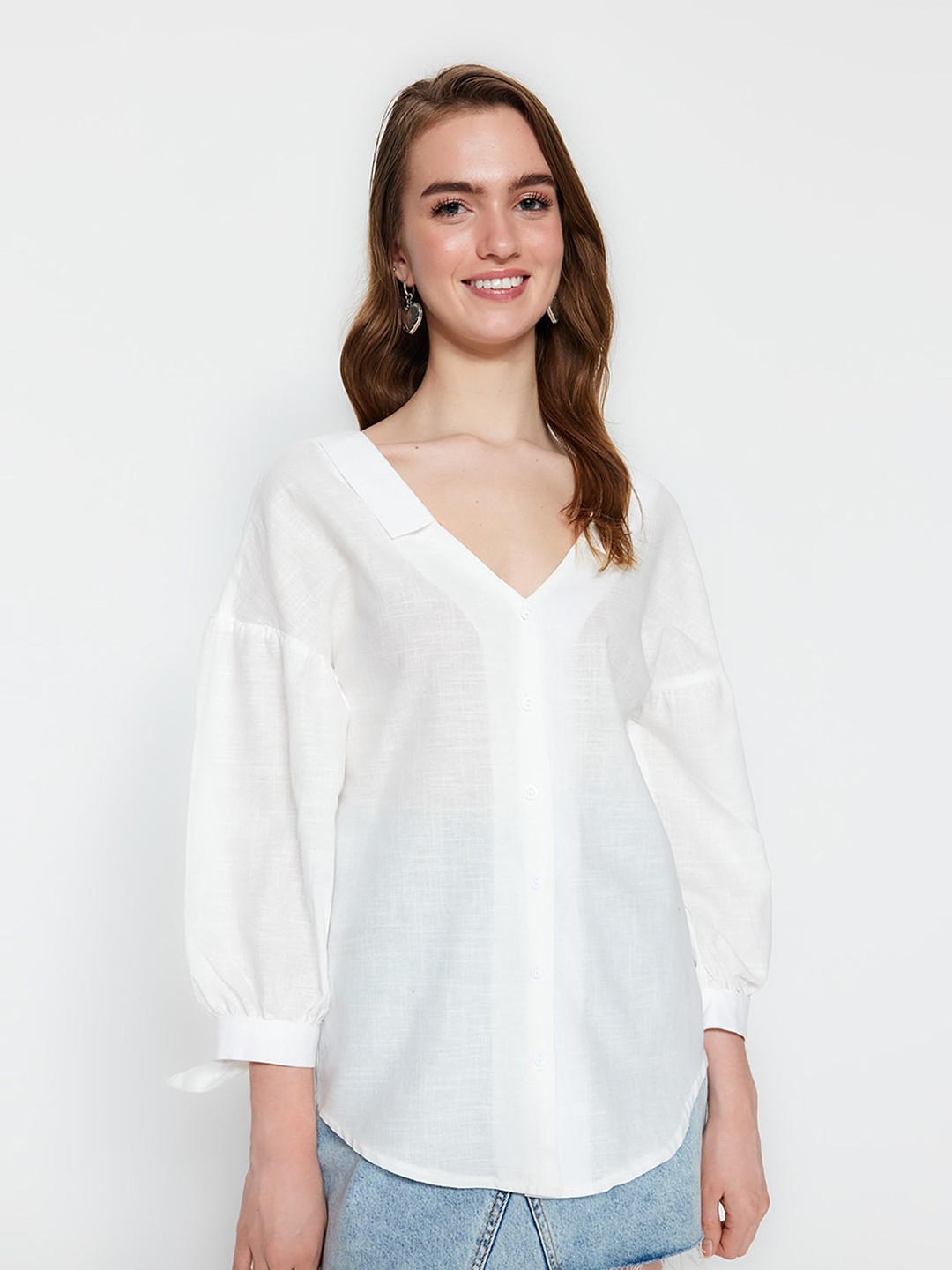 

Trendyol V-Neck Puff Sleeves Shirt Style Top, White