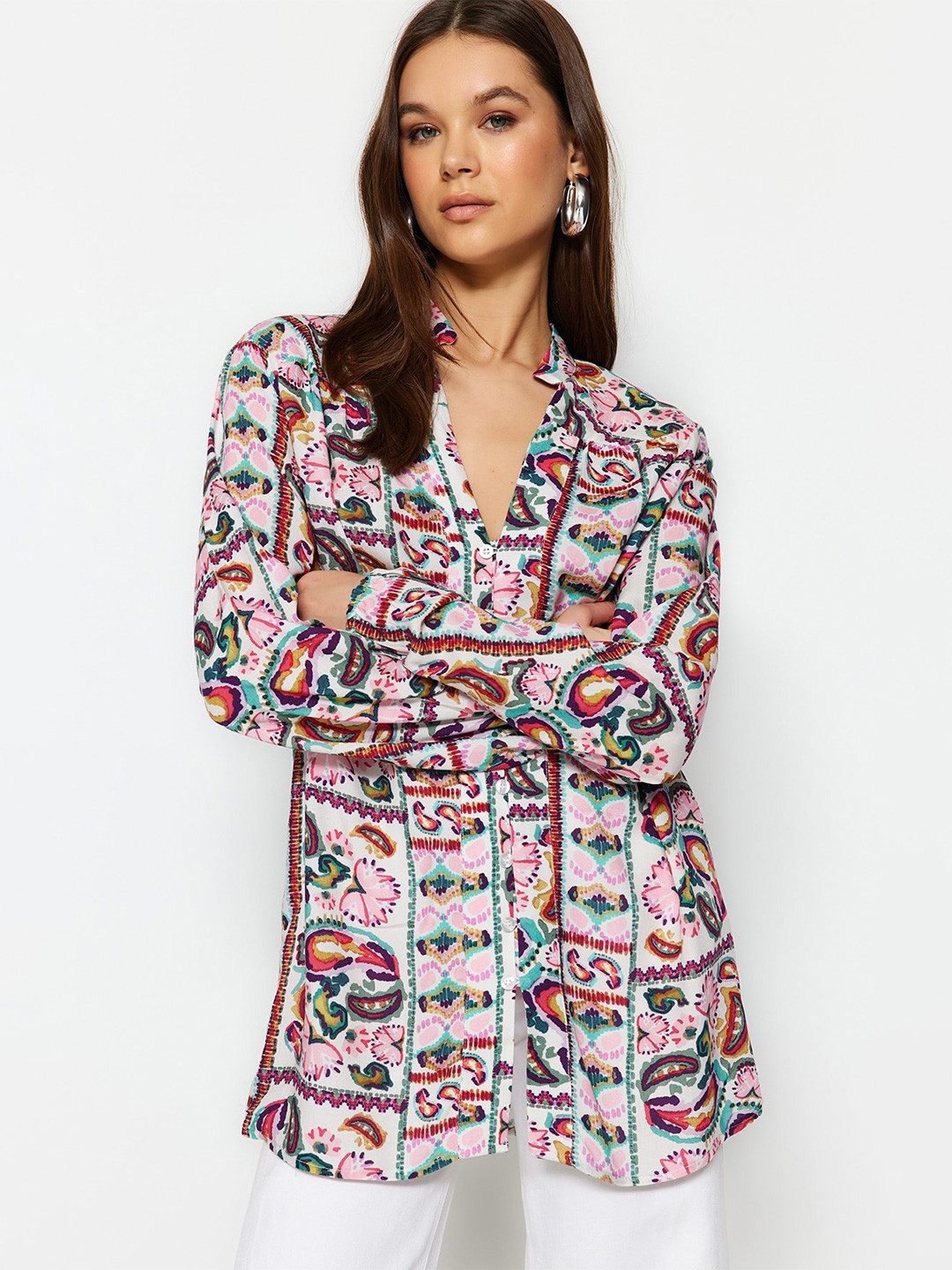 

Trendyol Floral Printed Mandarin Collar Puff Sleeves Casual Shirt, Pink