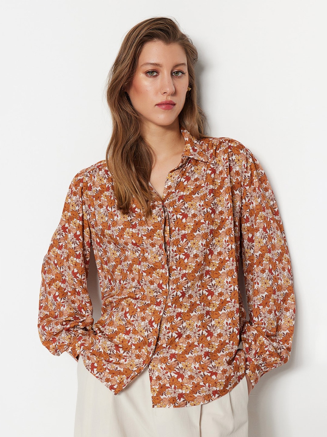 

Trendyol Floral Printed Shirt Collar Puff Sleeves Shirt Style Top, Brown