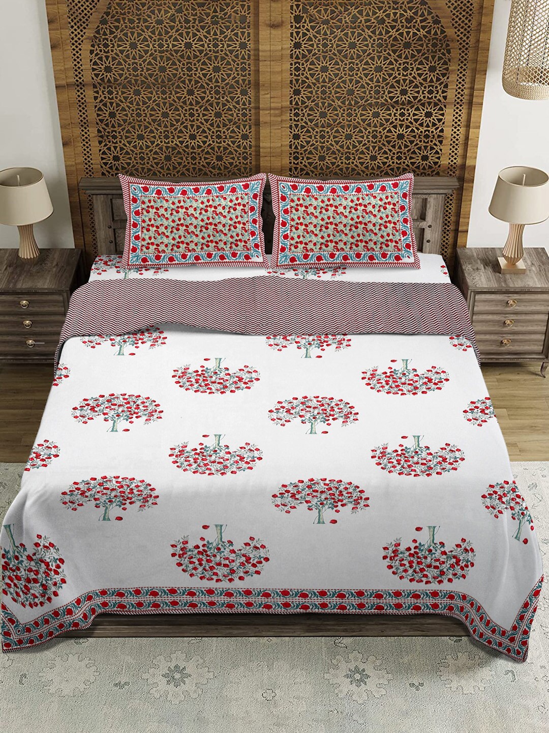 

Rajasthan Decor 4Pcs White Printed Cotton Bedding Set